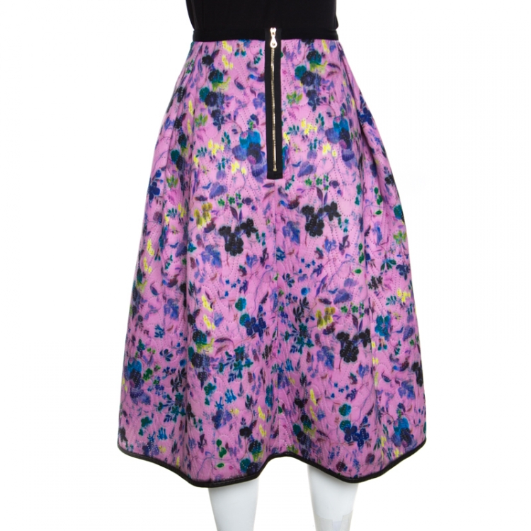 Pre Owned Erdem Pink Perforated Floral Print Ina Moreau Pleated Midi Skirt M