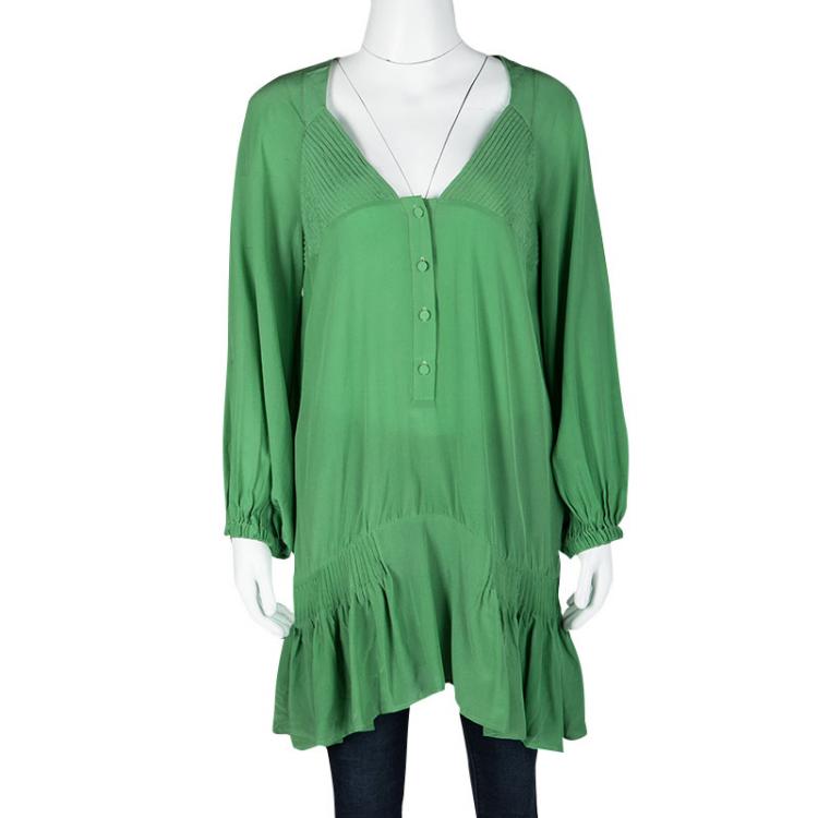 Pre Owned Ermanno Scervino Green Silk Pintuck Detail Long Sleeve Tunic M