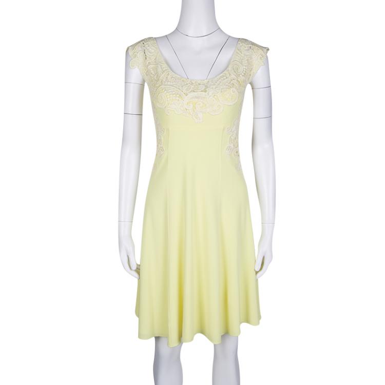 Pre Owned Ermanno Scervino Yellow Knit Lace Detail Sleeveless Dress S