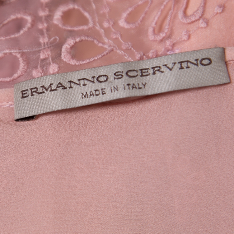 Pre Owned Ermanno Scervino Pale Pink Floral Lace Gathered Overlay Plunge Neck Sleeveless Dress M