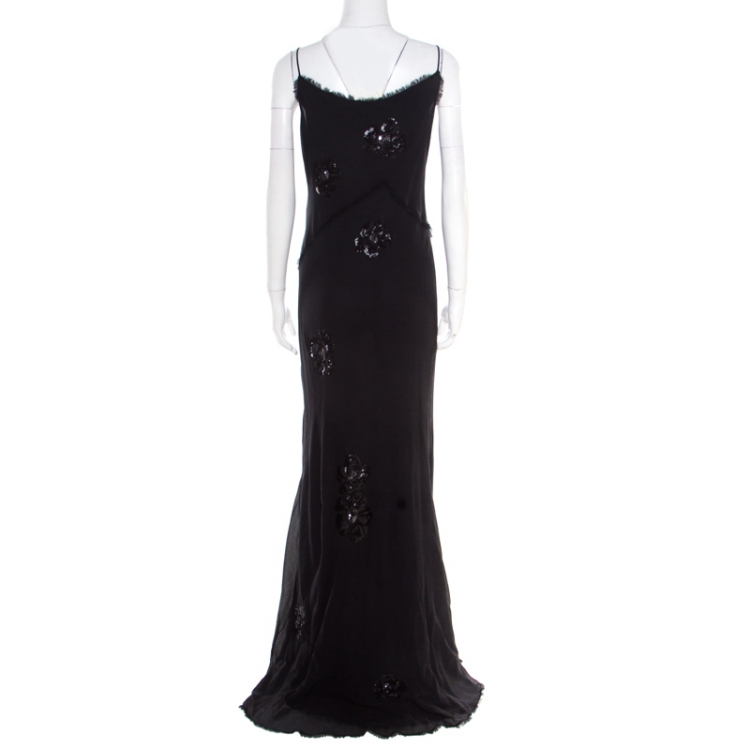 Pre Owned Ermanno Scervino Black Crinkled Silk Frayed Trim Sequined Maxi Dress L