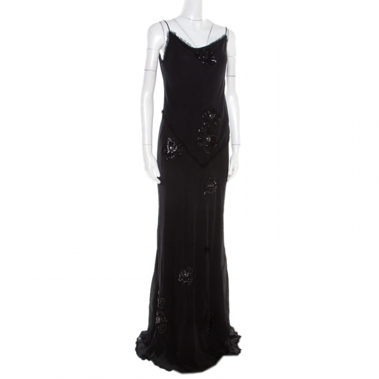 Pre Owned Ermanno Scervino Black Crinkled Silk Frayed Trim Sequined Maxi Dress L