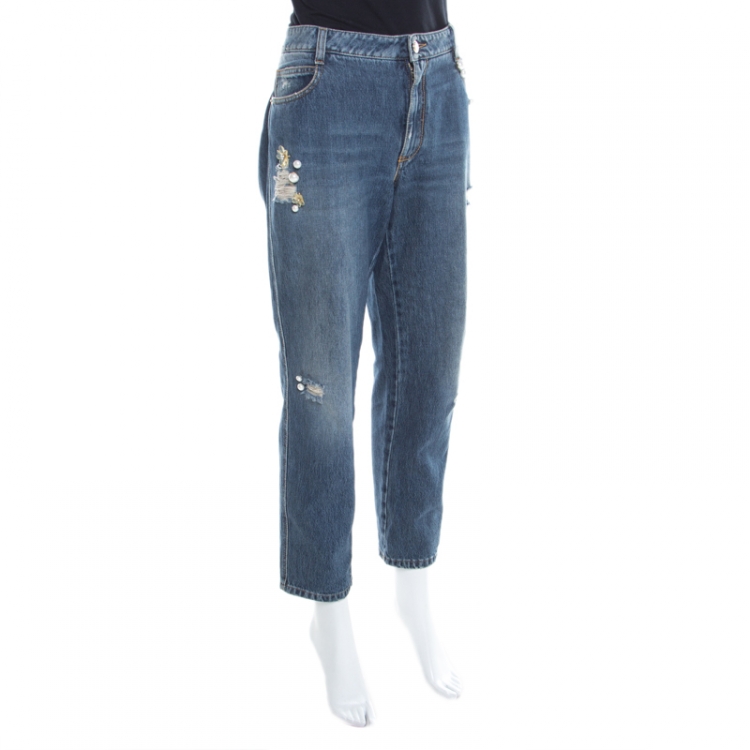 Pre Owned Ermanno Scervino Indigo Faded Effect Floral Embellished Distressed Jeans L
