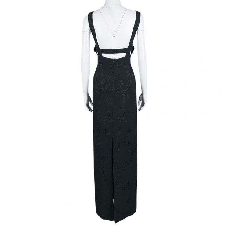 Pre Owned Escada Black Floral Jacquard Sleeveless Maxi Dress L