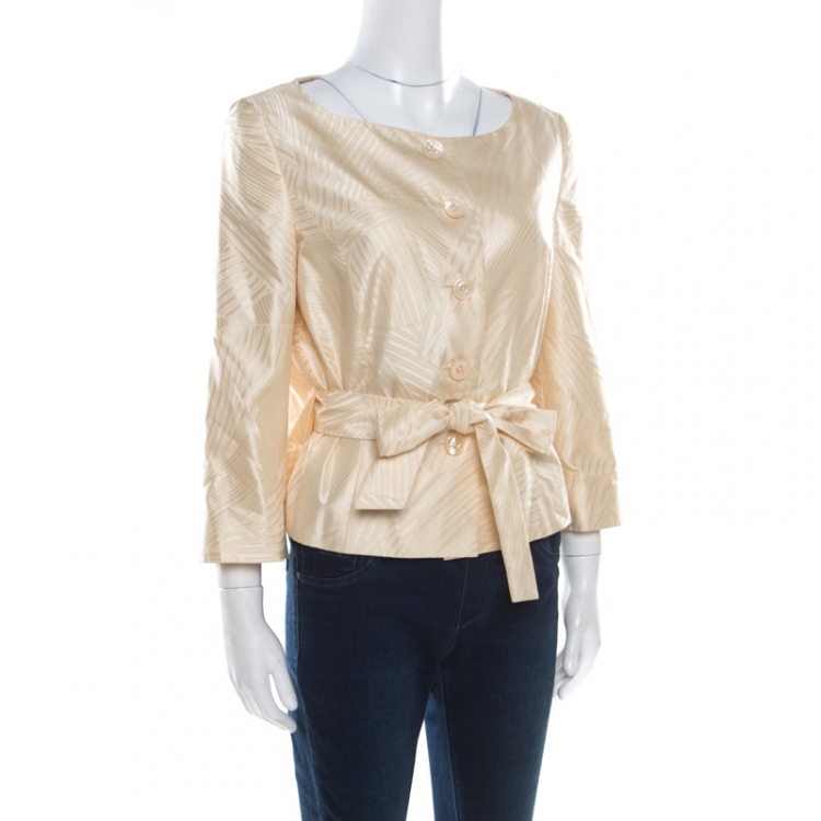 Pre Owned Escada Cream Silk Jacquard Waist Tie Detail Button Front Jacket M