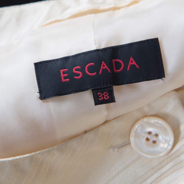 Pre Owned Escada Cream Silk Jacquard Waist Tie Detail Button Front Jacket M