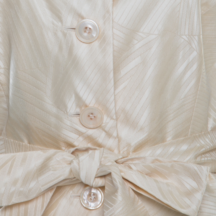 Pre Owned Escada Cream Silk Jacquard Waist Tie Detail Button Front Jacket M
