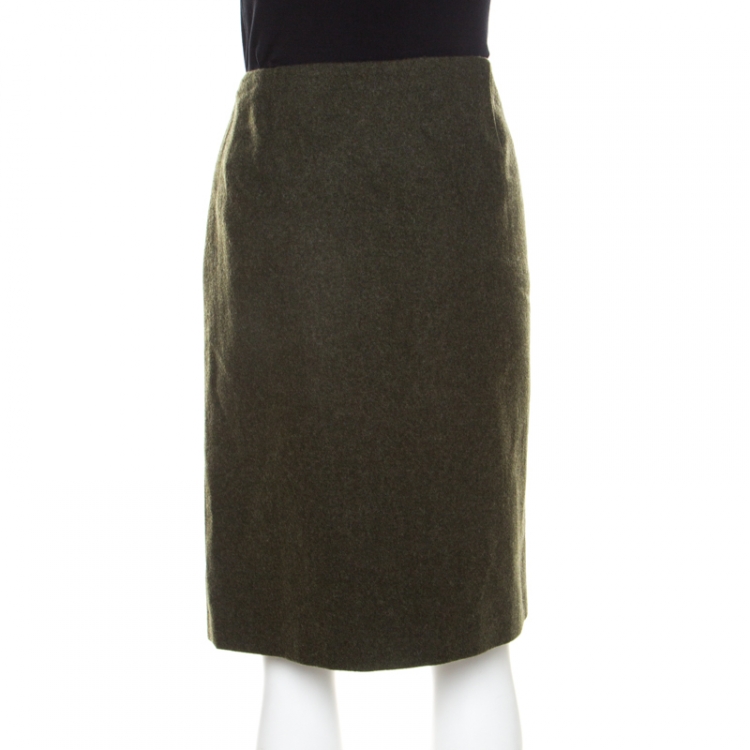 Pre Owned Escada Dark Green Wool Leather Piping Detail Pencil Skirt L