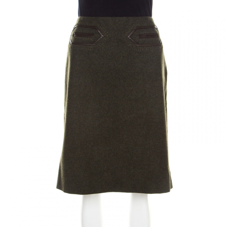 Pre Owned Escada Dark Green Wool Leather Piping Detail Pencil Skirt L