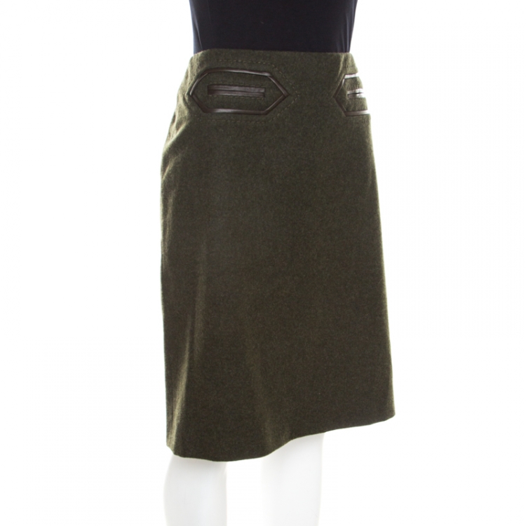 Pre Owned Escada Dark Green Wool Leather Piping Detail Pencil Skirt L