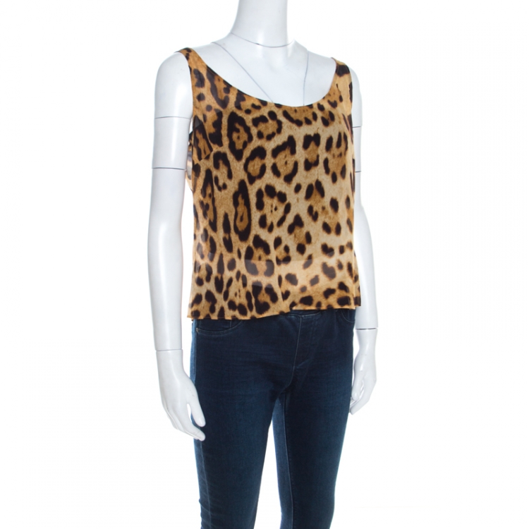 Pre Owned Escada Brown Leopard Print Sheer Silk Sleeveless Tank Top XL