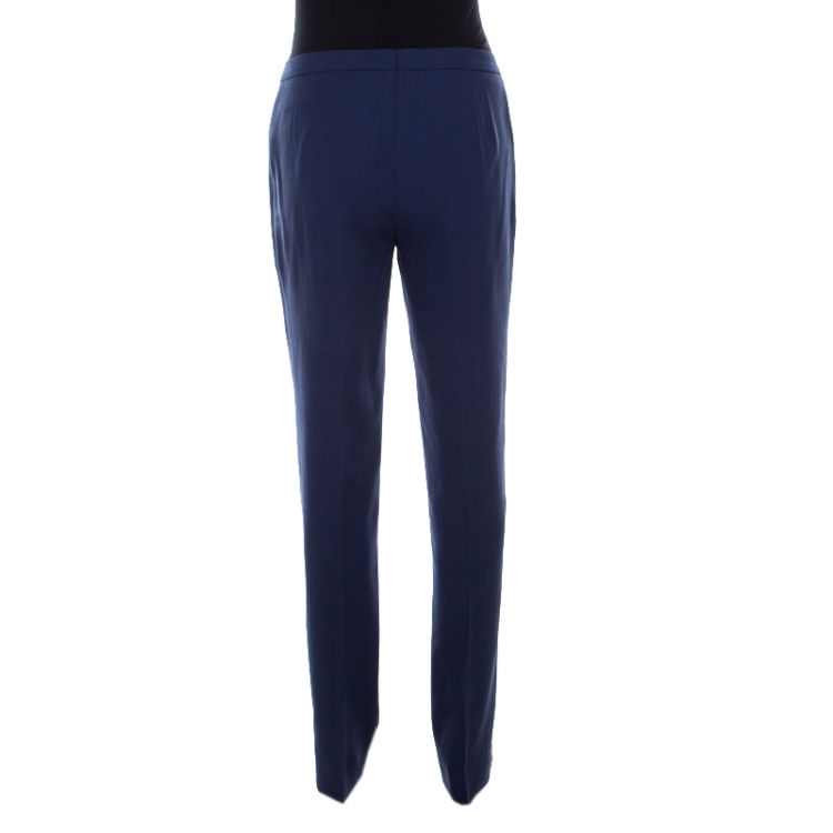 Pre Owned Escada Saphire Blue Wool Crepe High Waist Tovah Trousers M