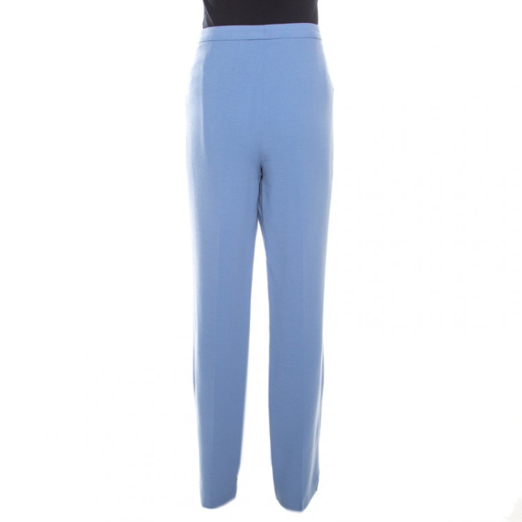 Pre Owned Escada Sky Blue Wool Crepe High Waist Tovah Trousers L