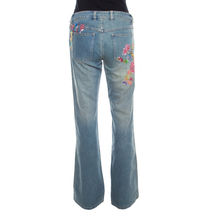 Pre Owned Escada Indigo Faded Effect Denim Embellished Flared Hose Jeans M