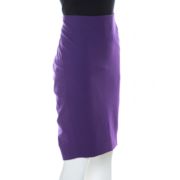 Pre Owned Escada Purple Stretch Crepe Ruched Back Pencil Skirt M 