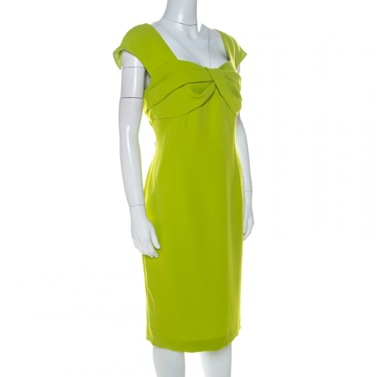 Pre Owned Escada Meadow Green Crepe Pleated Bodice Detail Sleeveless Danicara Dress L