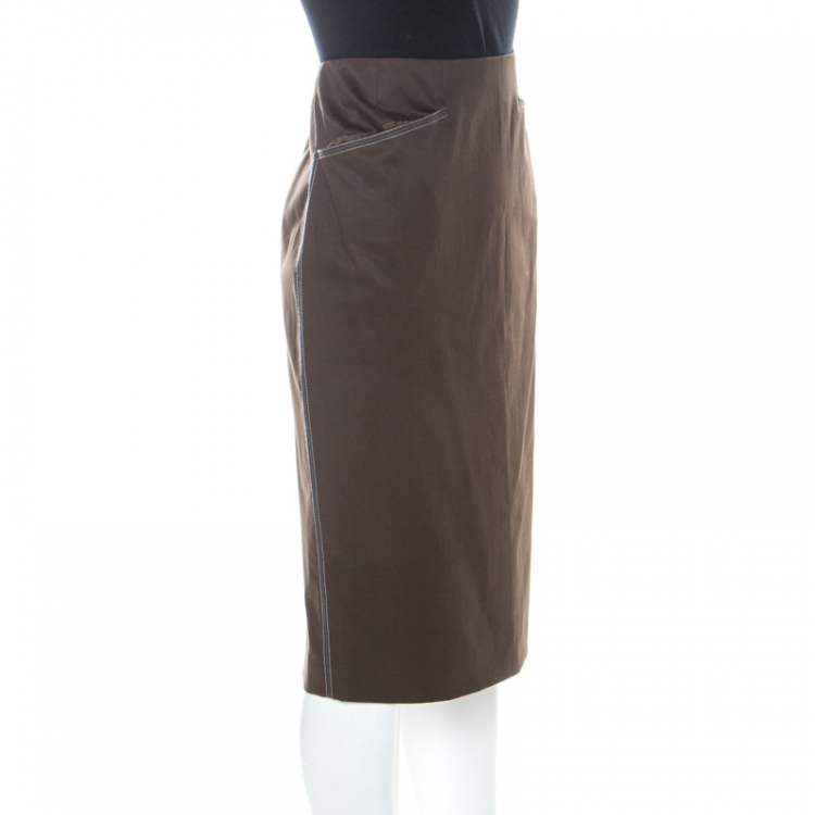 Pre Owned Escada Military Green Cotton Topstitch Detail Pencil Skirt M