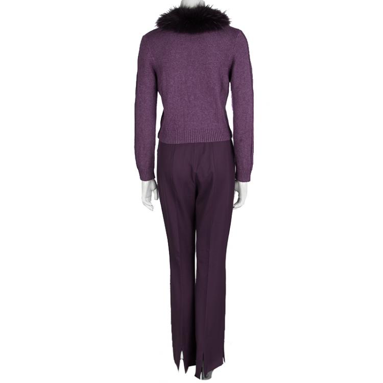 Pre Owned Escada Purple Wool Raccoon Fur Collar Detail Cardigan and Trouser Set M