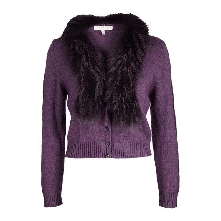 Pre Owned Escada Purple Wool Raccoon Fur Collar Detail Cardigan and Trouser Set M