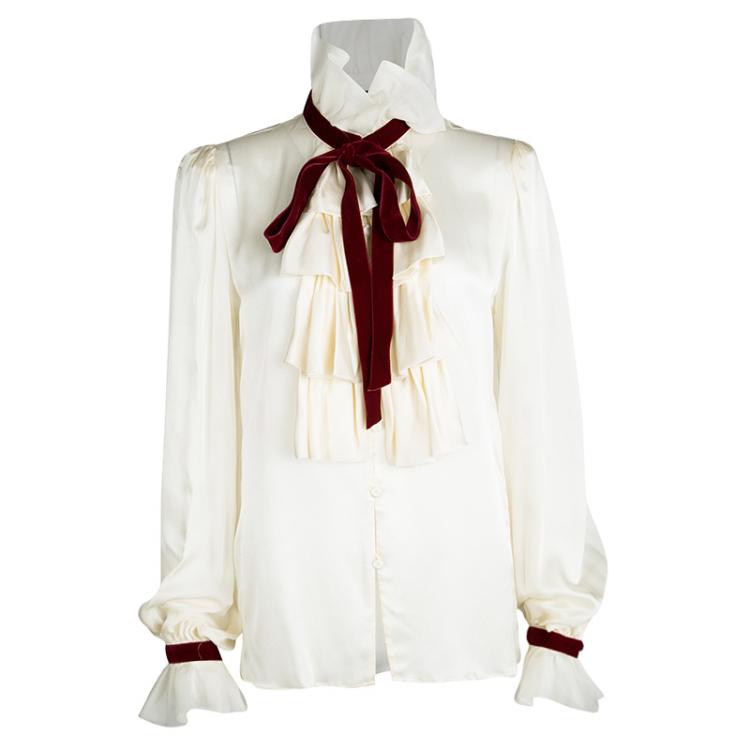 Pre Owned Escada Cream Silk Contrast Velvet Trim Tie Detail Ruffled Blouse XS