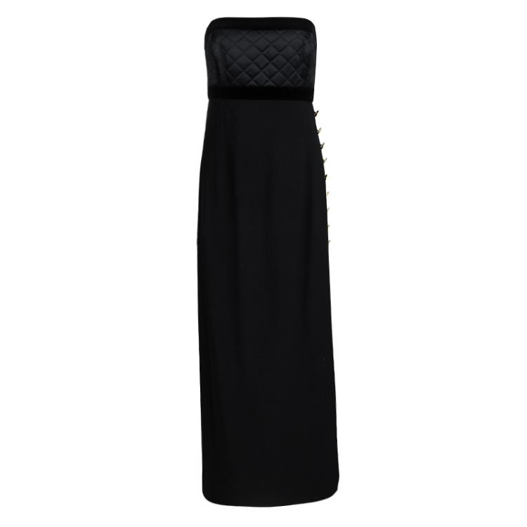 Pre Owned Escada Couture Black Quilted Velvet Trim Strapless Maxi Dress S