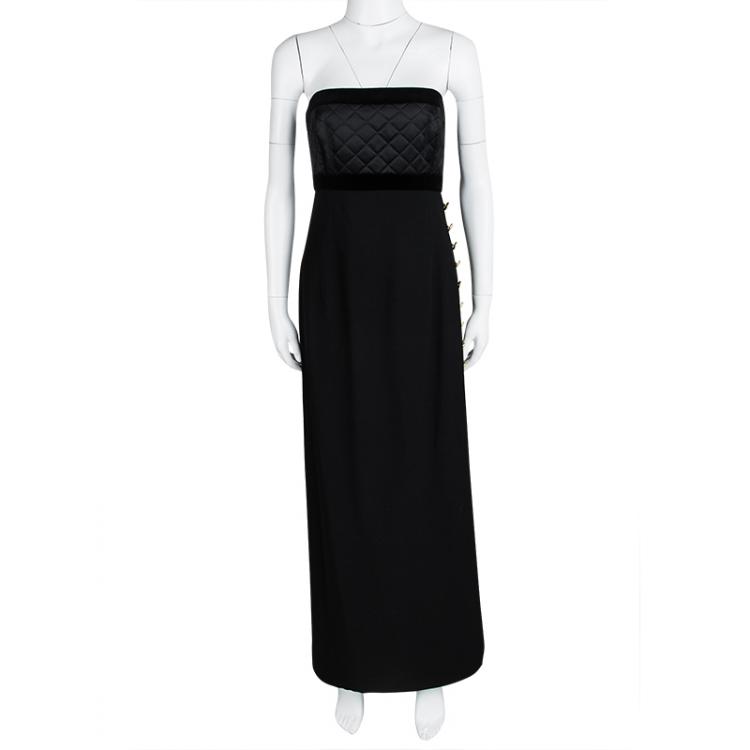 Pre Owned Escada Couture Black Quilted Velvet Trim Strapless Maxi Dress S