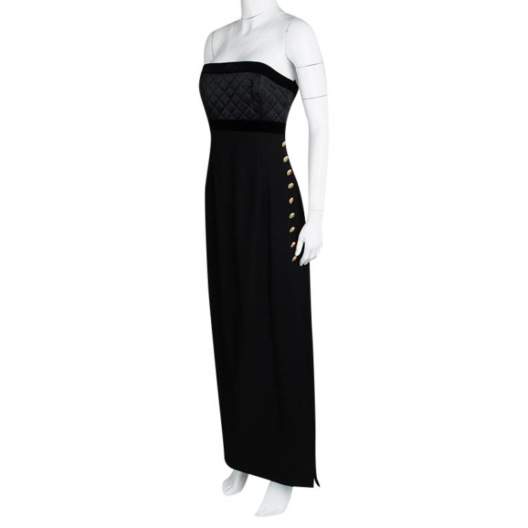 Pre Owned Escada Couture Black Quilted Velvet Trim Strapless Maxi Dress S