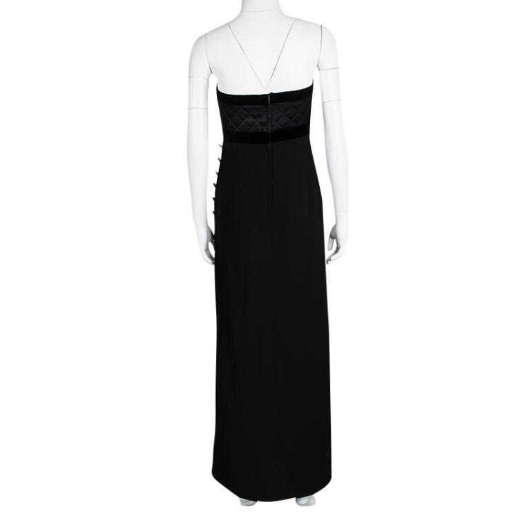 Pre Owned Escada Couture Black Quilted Velvet Trim Strapless Maxi Dress S