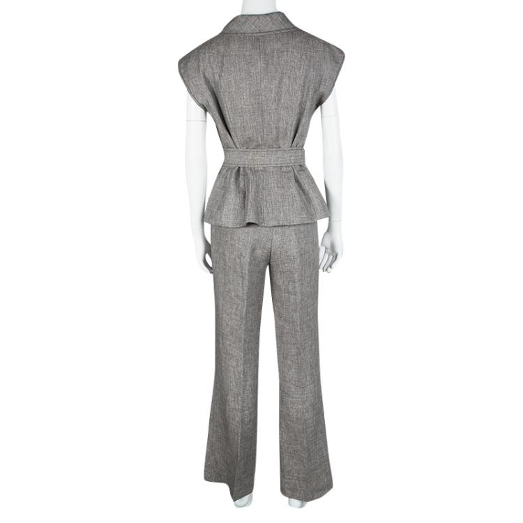 Pre Owned Escada Brown and White Textured Belted Vest and Trouser Set S