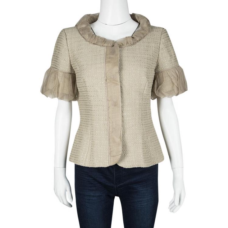 Pre Owned Escada Beige Textured Silk Trim Short Sleeve Jacket XS