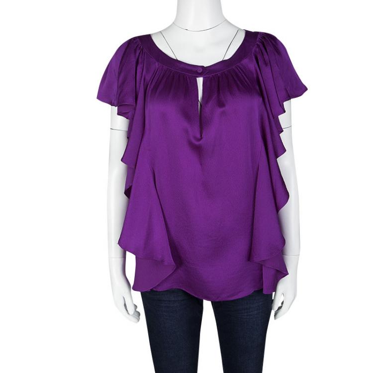 Pre Owned Escada Purple Textured Silk Ruffle Top XS