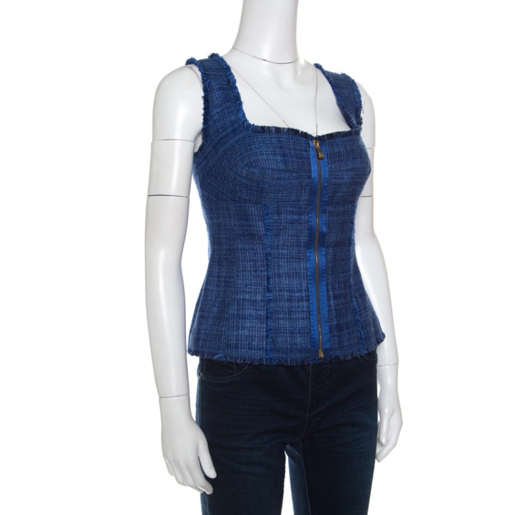 Pre Owned Escada Blue Textured Fringe Trim Zip Front Sleeveless Top M