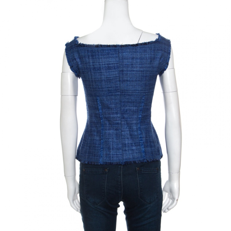 Pre Owned Escada Blue Textured Fringe Trim Zip Front Sleeveless Top M
