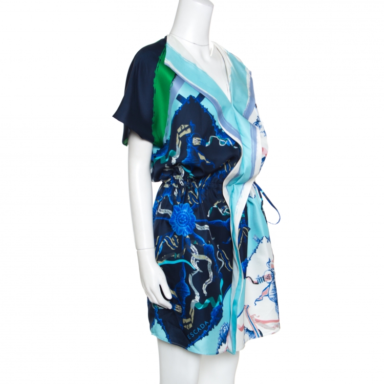 Pre Owned Escada Multicolor Printed Silk Draped Placket Drop Waist Tunic L