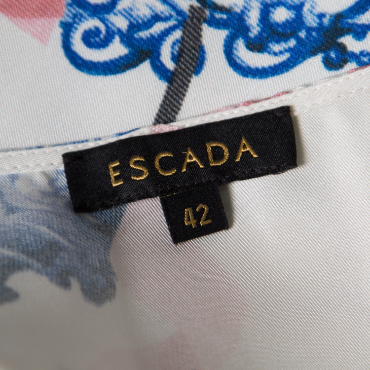 Pre Owned Escada Multicolor Printed Silk Draped Placket Drop Waist Tunic L