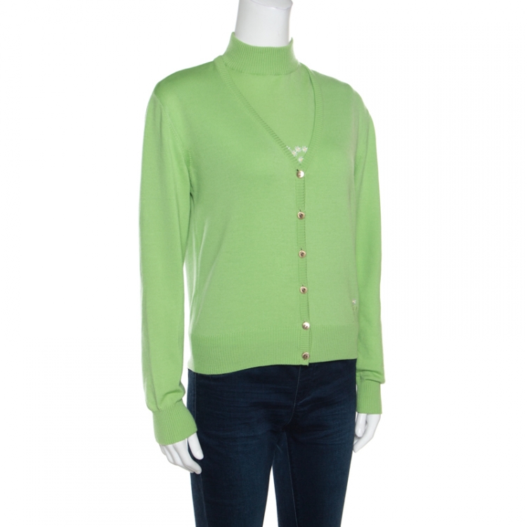 مملوكة مسبقًا Escada Green Wool Floral Embroiderd Cardigan and Sweater Vest Twin Set M