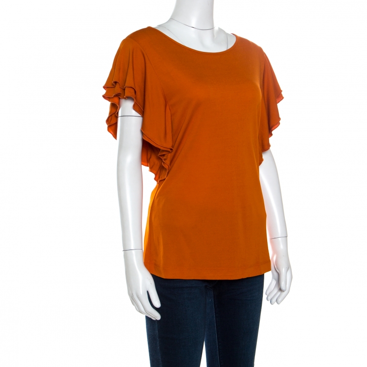 Pre Owned Escada Orange Knit Cascading Layered Sleeve Fitted Top M