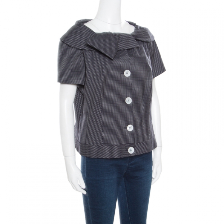 Pre Owned Escada Navy Blue Wool and Silk Jacquard Asymmetric Bow Detail Cropped Jacket L