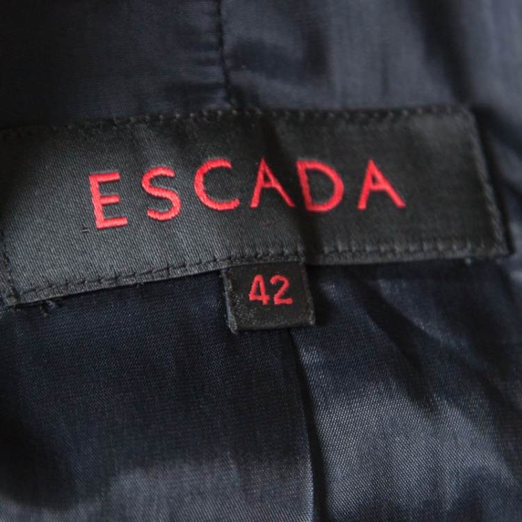 Pre Owned Escada Navy Blue Wool and Silk Jacquard Asymmetric Bow Detail Cropped Jacket L