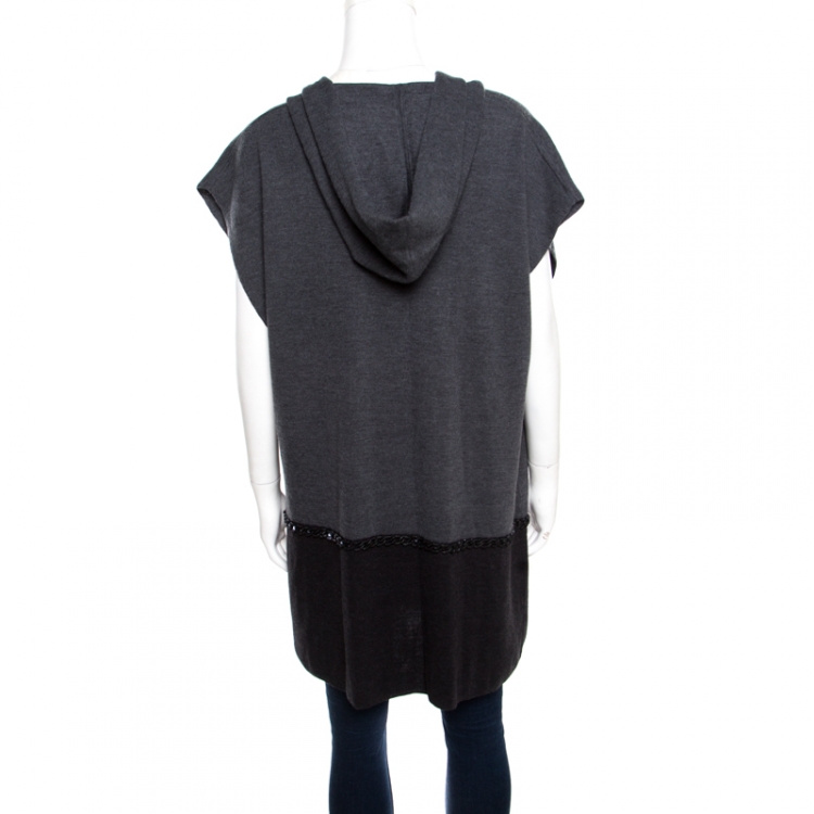 Pre Owned Escada Grey Dark Diamond Wool and Silk Open Front Sleeveless Hooded Cardigan M
