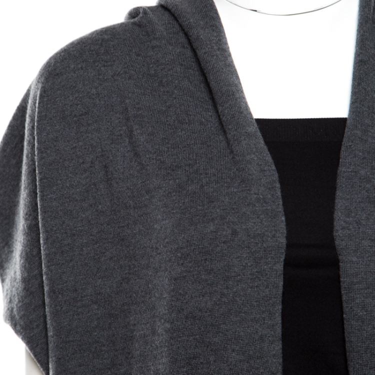 Pre Owned Escada Grey Dark Diamond Wool and Silk Open Front Sleeveless Hooded Cardigan M
