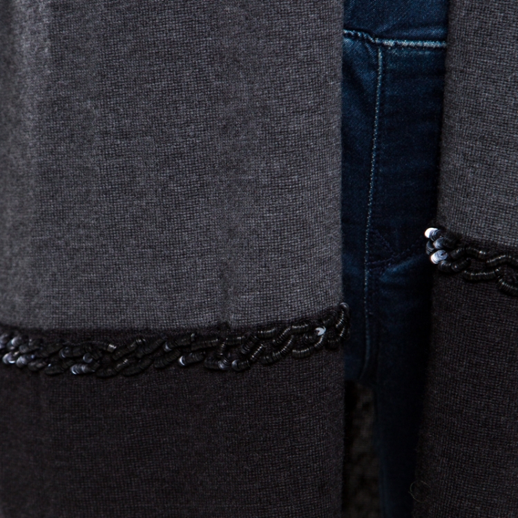 Pre Owned Escada Grey Dark Diamond Wool and Silk Open Front Sleeveless Hooded Cardigan M
