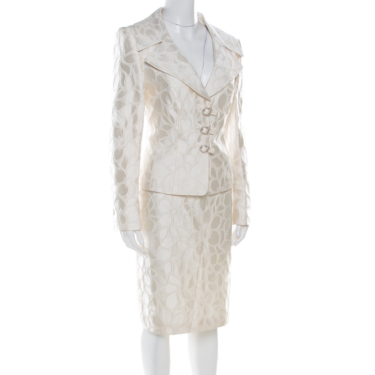Pre Owned Escada Cream Floral Jacquard Embellished Buckle Detail Skirt Suit L