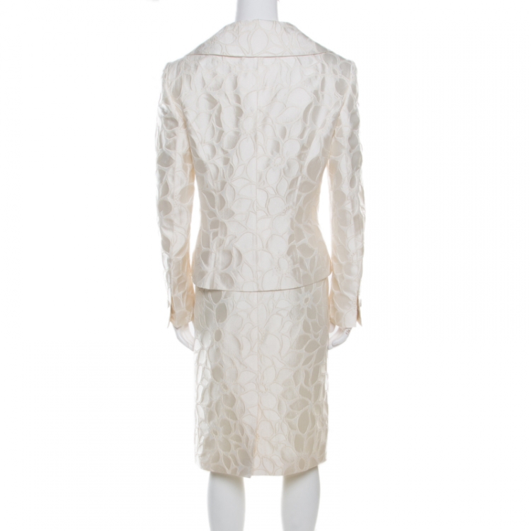 Pre Owned Escada Cream Floral Jacquard Embellished Buckle Detail Skirt Suit L