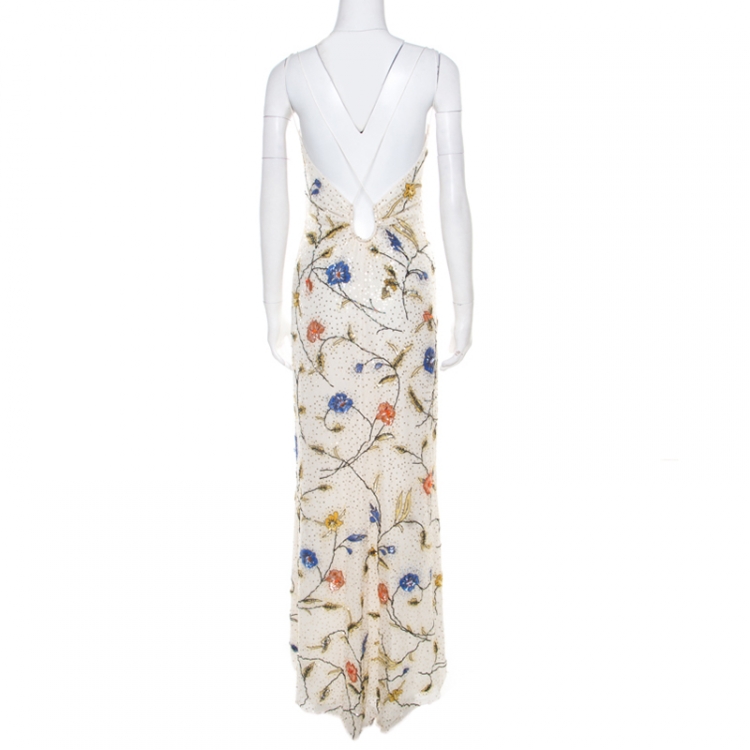Pre Owned Escada Off White Floral Embellished Silk Sleeveless Maxi Dress S
