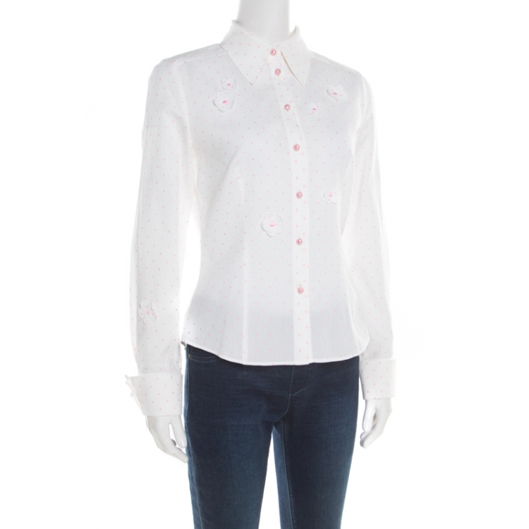 Pre Owned Escada White and Pink Cotton Dotted Floral Applique Long Sleeve Shirt M
