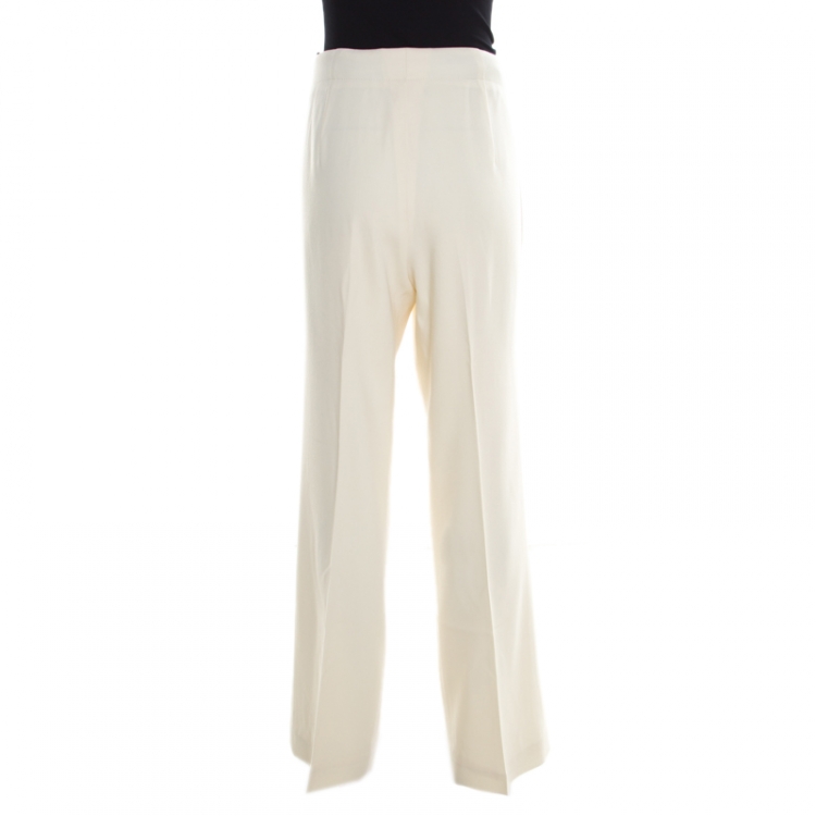 Pre Owned Escada Cream Stretch Wool Wide Leg Tunka Trousers XL