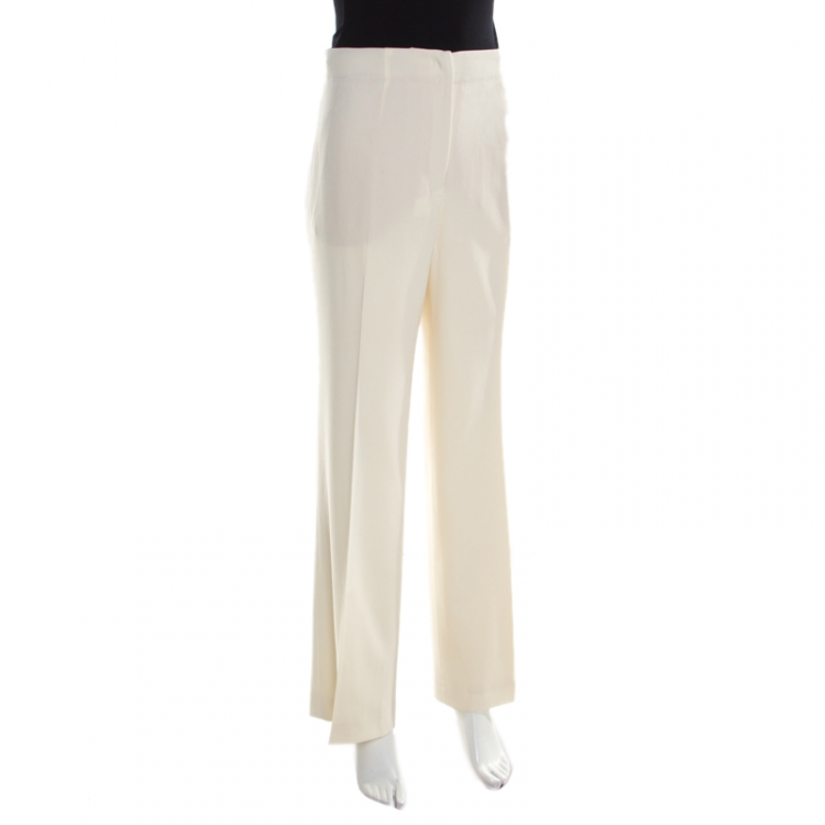 Pre Owned Escada Cream Stretch Wool Wide Leg Tunka Trousers XL