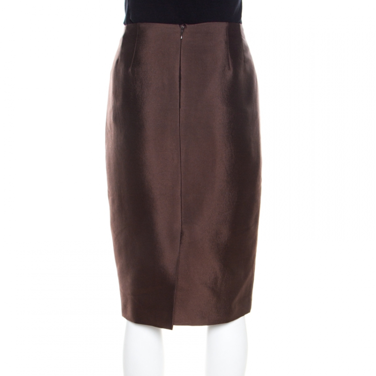 Pre Owned Escada Brown Hammered Satin Tailored Pencil Skirt M