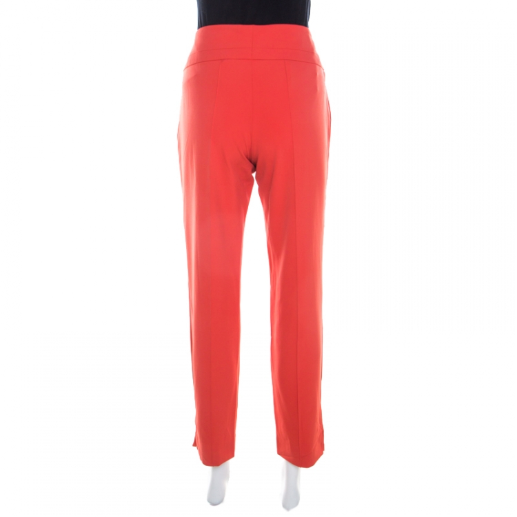 Pre Owned Escada Coral Orange Stretch Crepe Logo Buckle Detail Pants M 